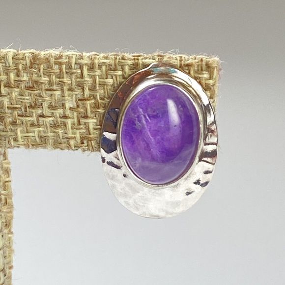 Vintage Shube Purple Oval Amethyst Hammered 925 Sterling Silver Pierced Earrings - Picture 7 of 11